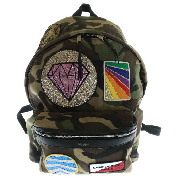 SAINT LAURENT PARIS Camouflage Multi Patch City Backpack Khaki Green - Picture 1 of 5